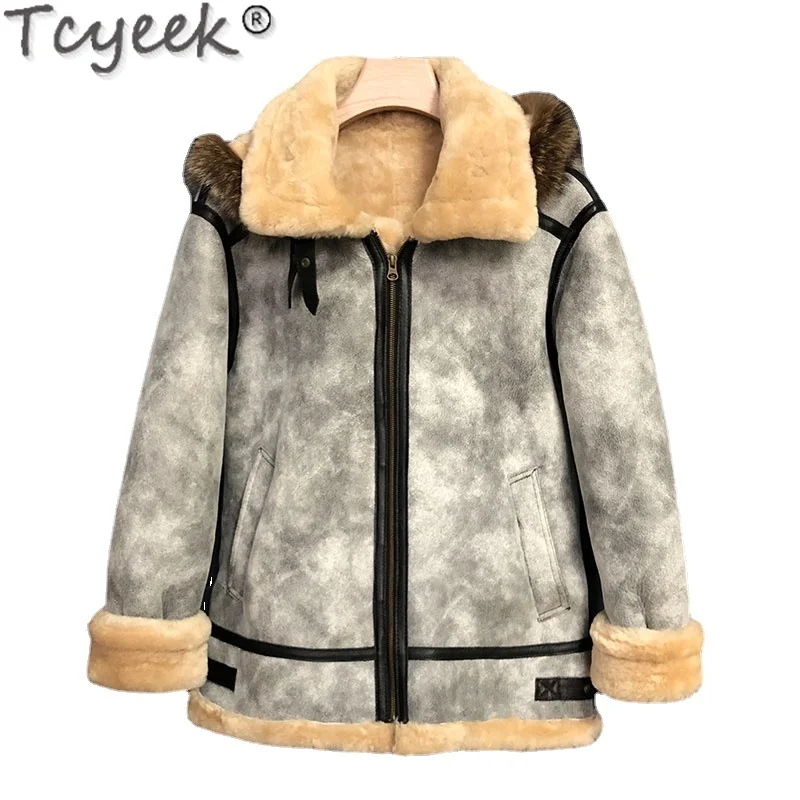 

Tcyeek Winter Sheep Shearling Jacket Men Clothes Short Sheep Fur All-in-one Fur Coat Men Hooded Warm Jacket Jaqueta Masculina