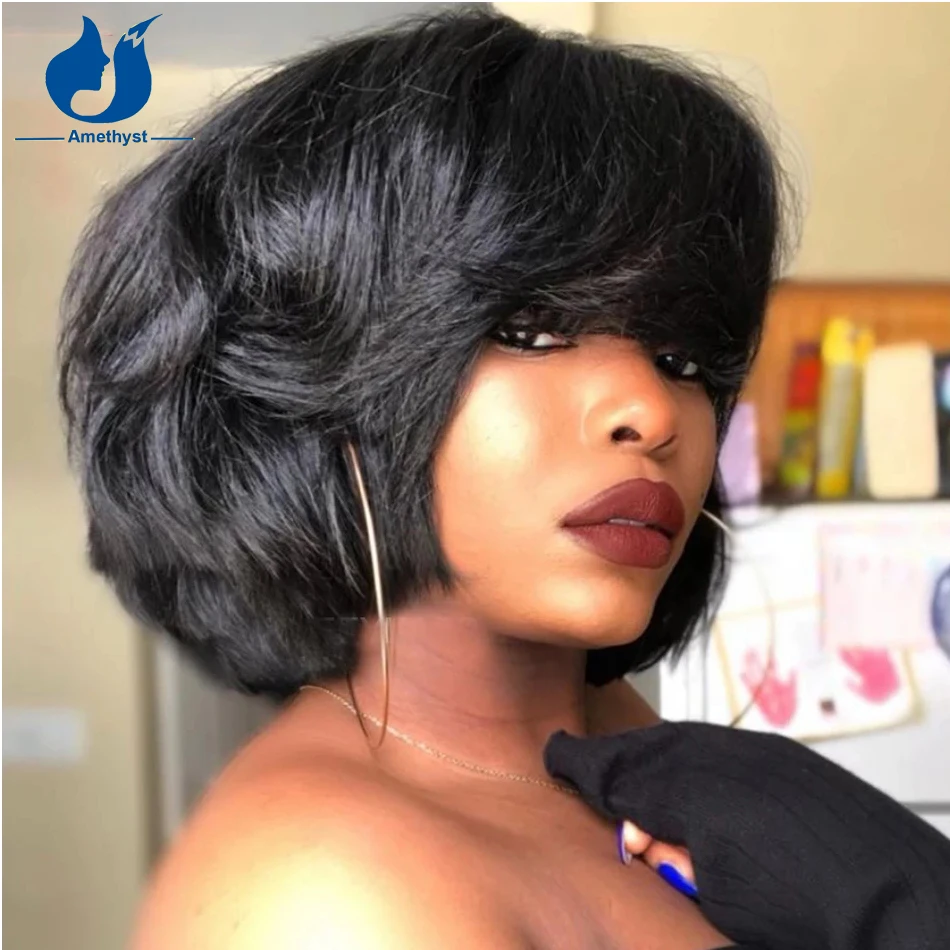 Amethyst Short Yaki Wave Bob Human Hair Wigs With Bangs For Women Full Machine O Scalp Top Wig None Lace Remy Hair Italian Yaki