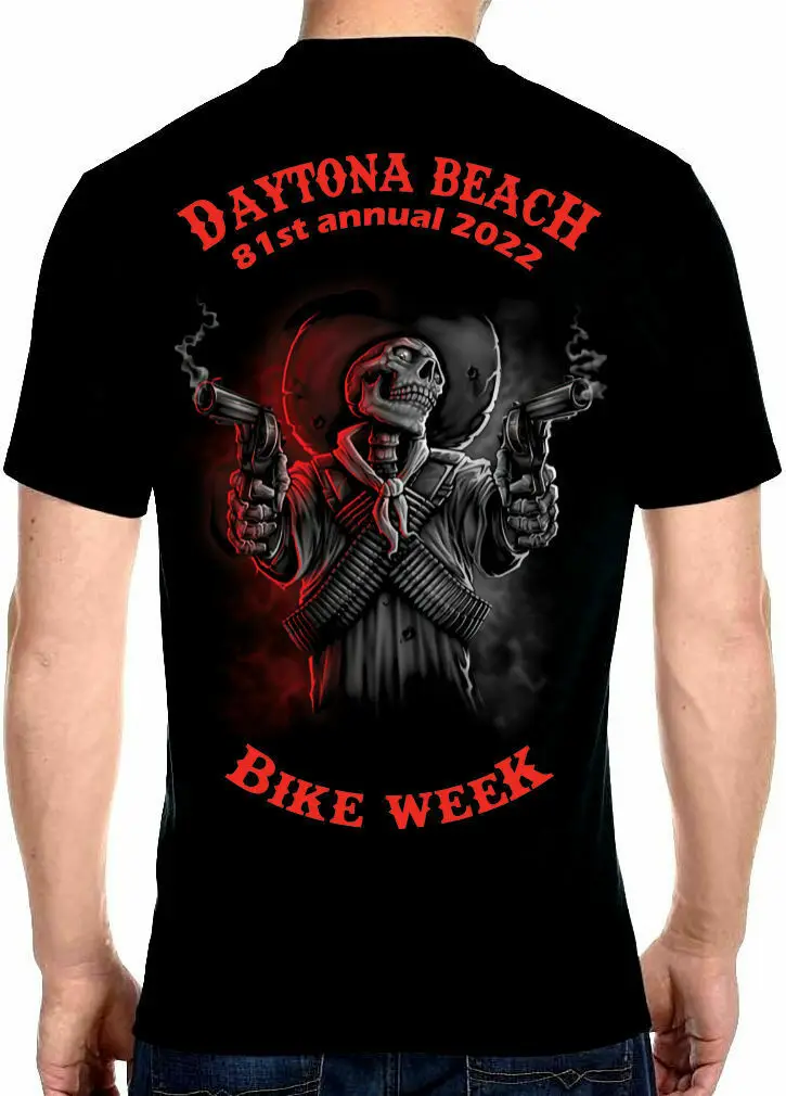 

Mens 2022 Daytona Beach Bike Week Gunslinger Skeleton Tee Shirt