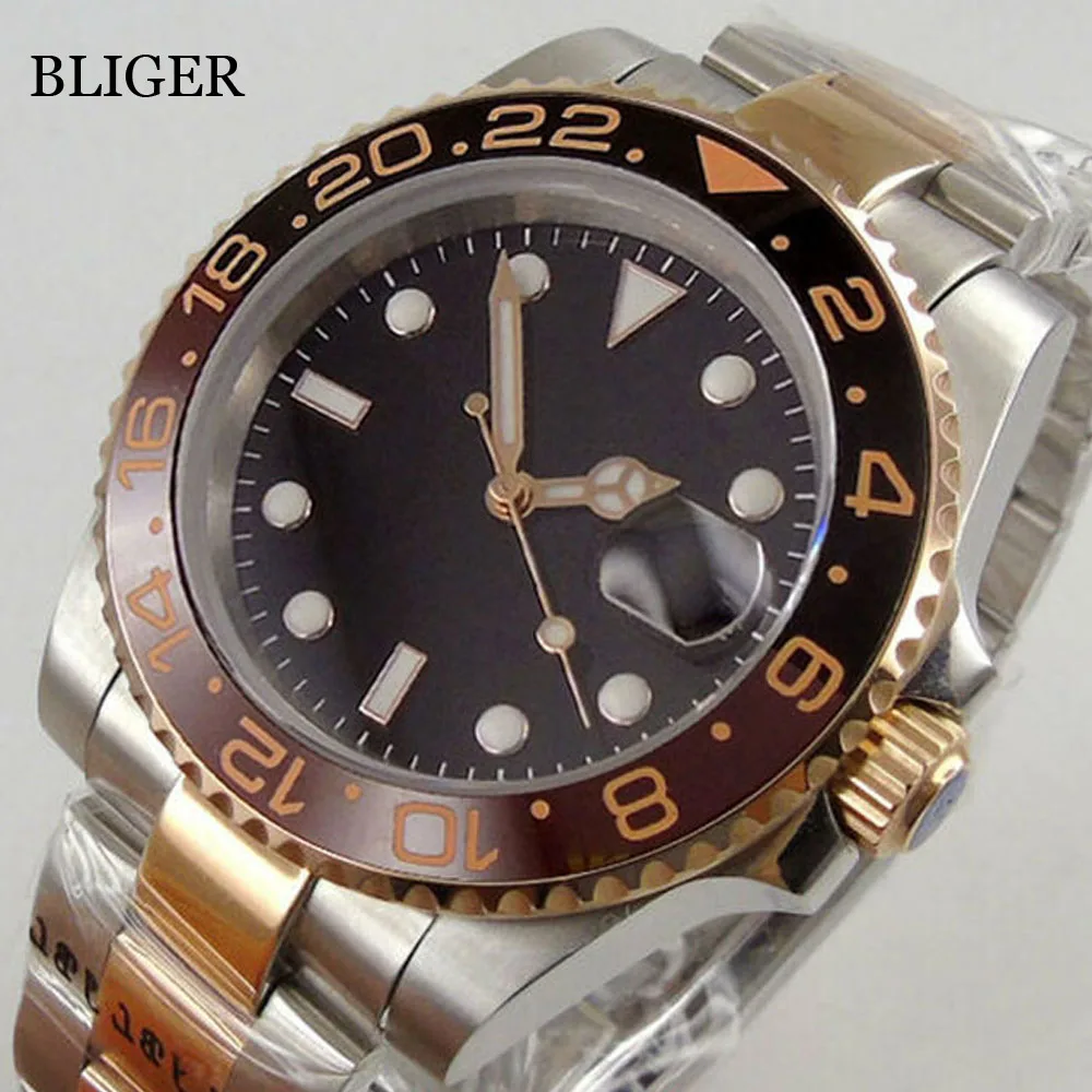 BLIGER Nologo-reloj mecánico negro para hombre, 21 joyas, MIYOTA 8215, NH35, PT5000, dos tonos, correa de oro rosa, inserción de cerámica