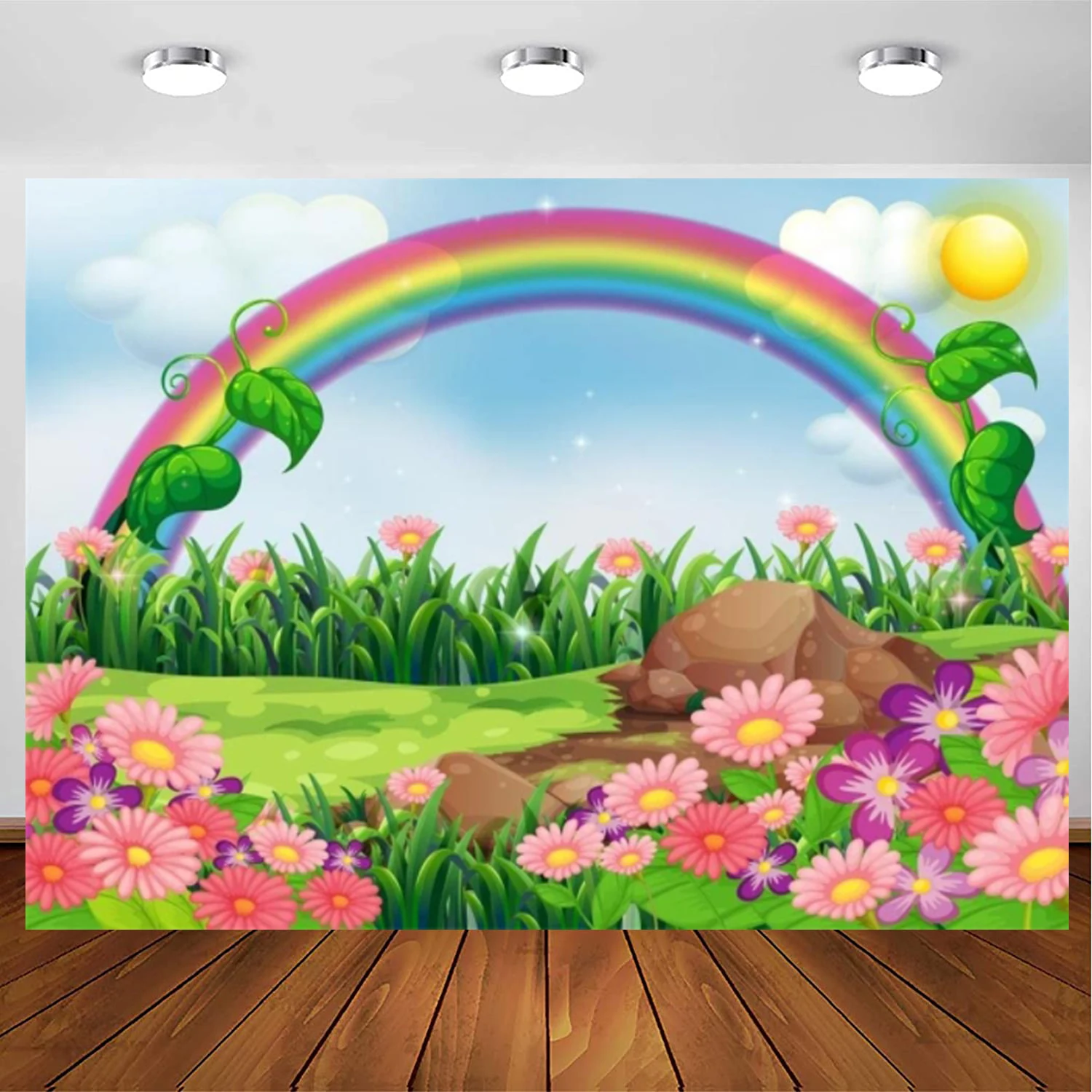 

Мультяшный весенний пейзаж фон абстрактная Радуга Луг Цветение цветы фотография Фон сладкий цветок небо облака