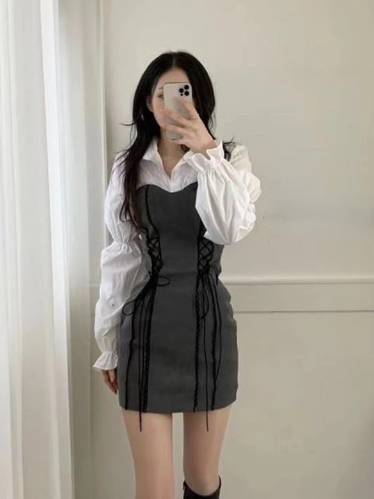 

QWEEK Korean Bandage Bodycon Dress Women Vintage Kpop Wrap Short Dresses Casual Long Sleeve 2022 Spring Chic Slim Robes Female