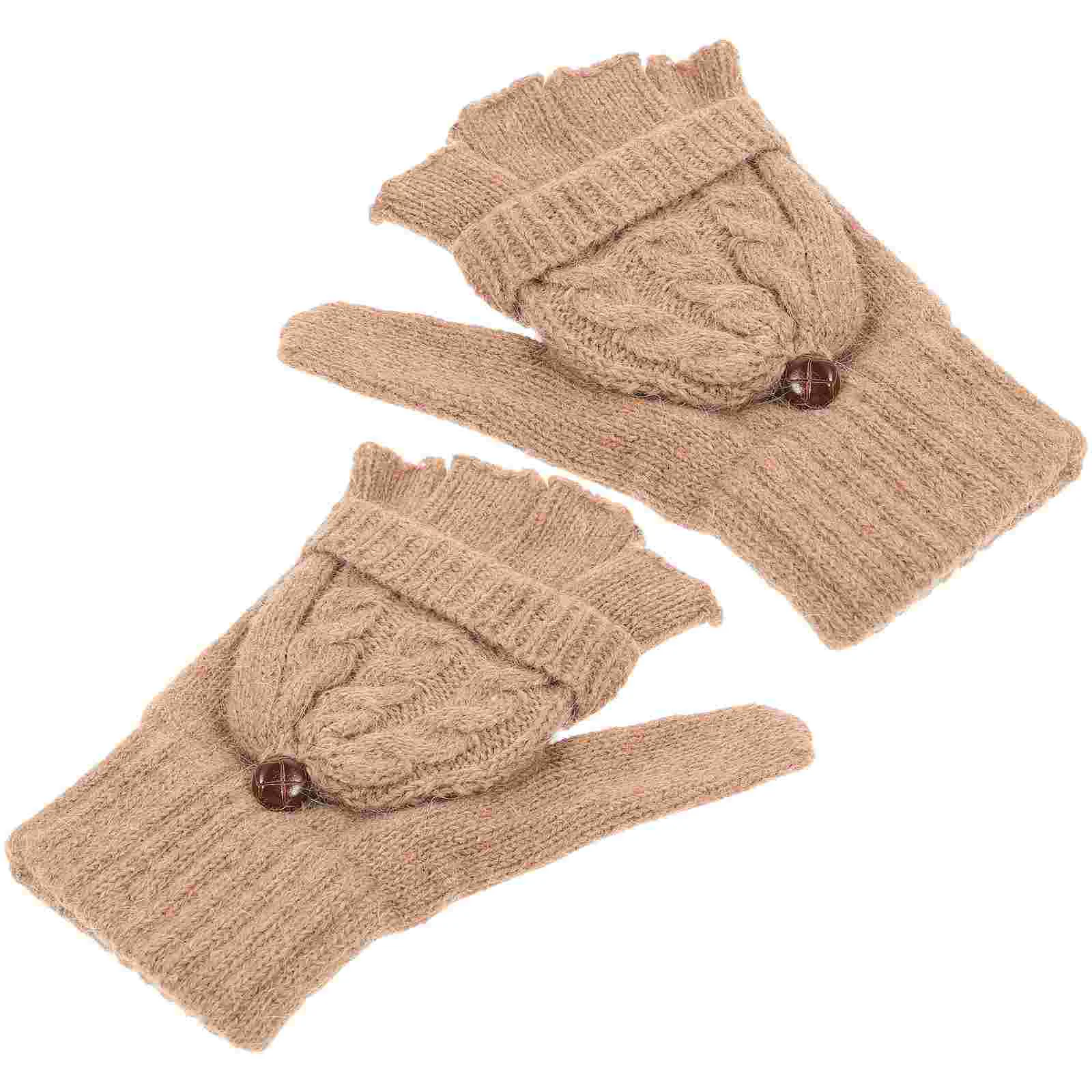 

Womens Winter Warm Knitted Convertible Finger Fingerless Mittens ( Brown )
