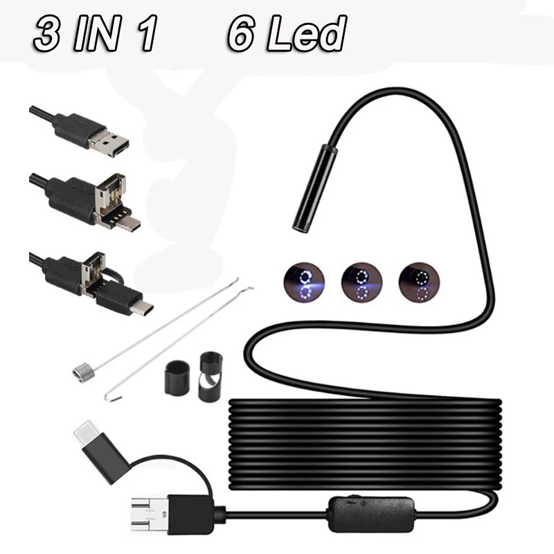 7mm Android Endoscope Camera 3 in1 Endoscopio Tpye-c Micro USB 6 LED IP67 Waterproof Car Inspection Borescope for Samsung Huawei