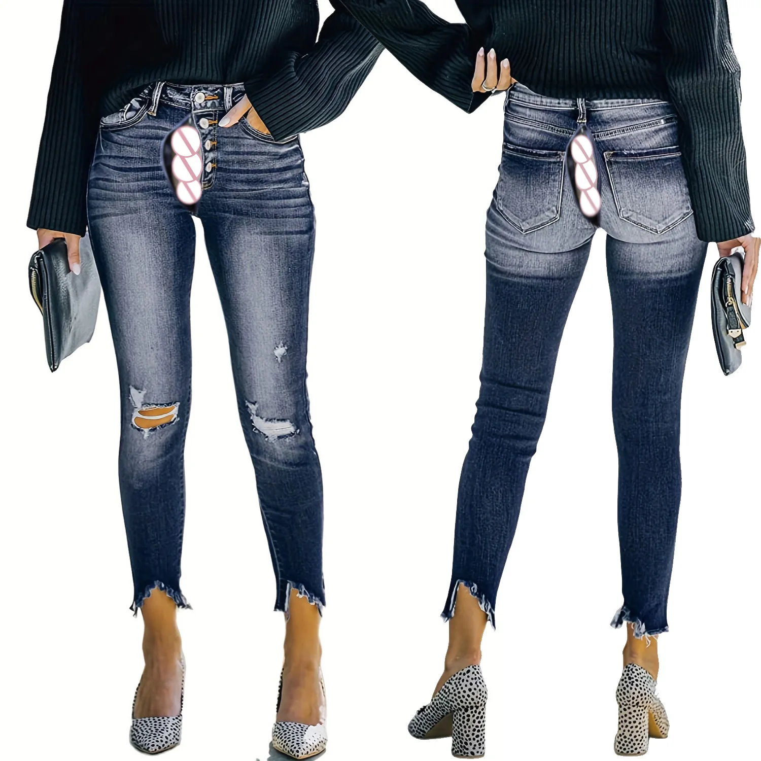 Рваные джинсы женские эротические брюки с открытой промежностью модные