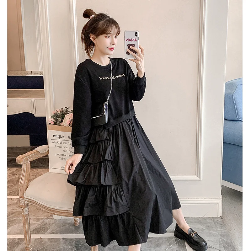 Весеннее женское свободное повседневное платье с круглым вырезом и длинными