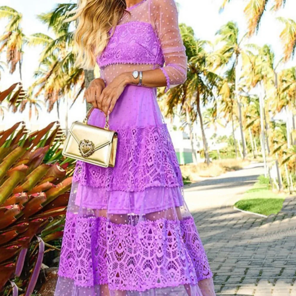 

Женское кружевное платье-макси, длинное привлекательное кружевное платье-качели с оборками на груди, женская одежда, новинка весны-лета 2022