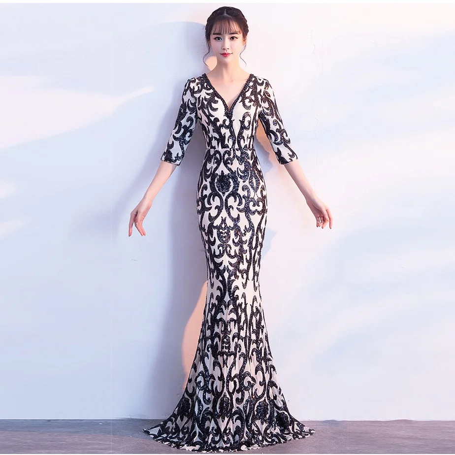 

Women Elegant Mermaid V Neck Half Sleeves Sequins Maxi Long Dress Host Party Gowns