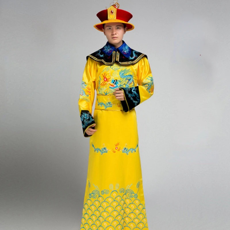 

Ancient Qing Dynasty Hanfu Men Embroidered Dragon Emperor Costume King Stage Clothes Costumes Tang Suit Halloween Robe with Hat