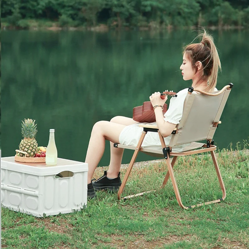 

Khaki Camping Chair Portable Outdoor Chair Aluminum Alloy Wood Grain Folding Chair Camping Equipment Kermit Chair