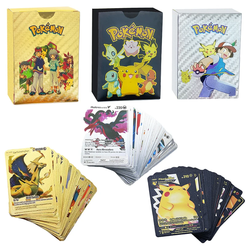 

Original English 55pcs Pokemon Game Card Foil Gold Silver Black Collect V Gx Vmax Charizard Pikachu Playing Battle Kids Toy Set