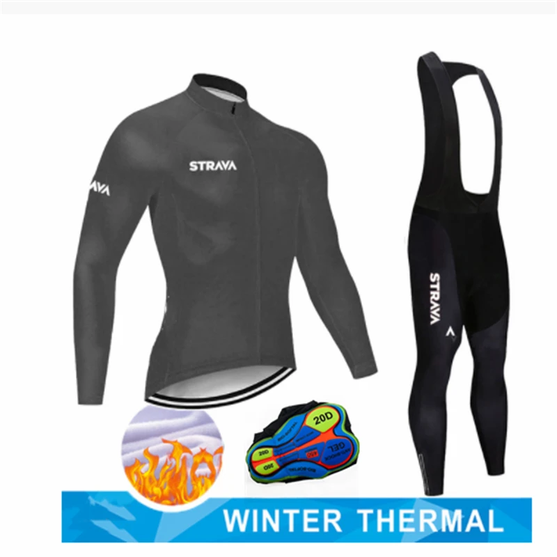 

STRAVA Mens Winter Fleece Warm Professional Cycling Jersey Set，Long Sleeve MTB Road Bike Cycle Jersey Suit，Road Bicycle Clothes