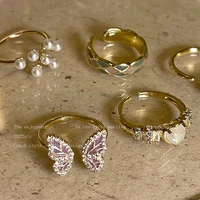 vintage enamel metal pearl zircon rings for women fashion light luxury retro geometric butterfly heart ring female jewelry gifts