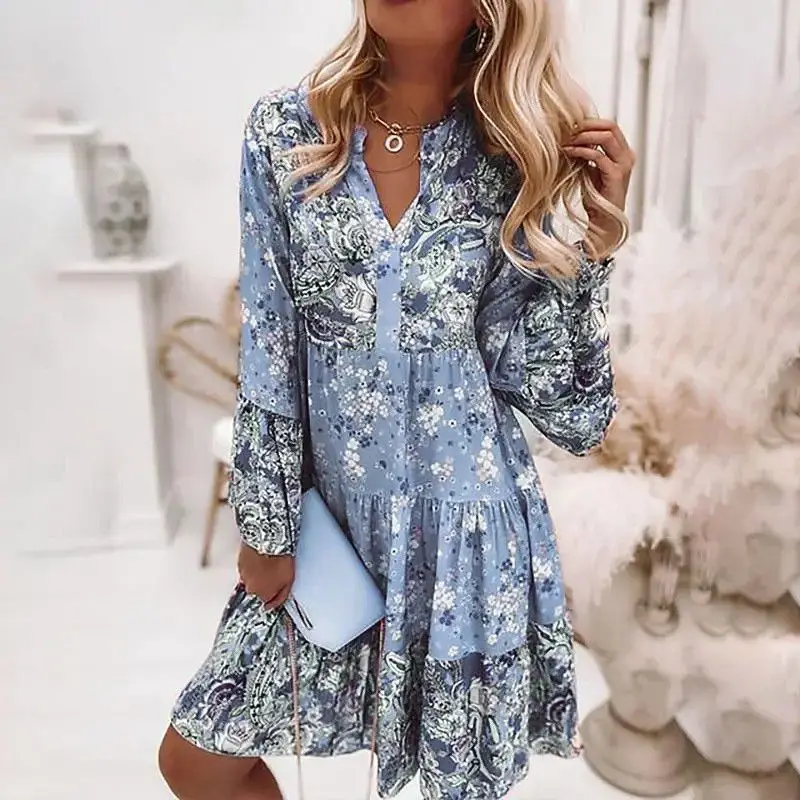 

Women Vintage Floral Dress Spring Fashion Flare Sleeve Loose V-Neck Ruffle Mini Dresses Lady Elegant Party Beach Dress Vestidos