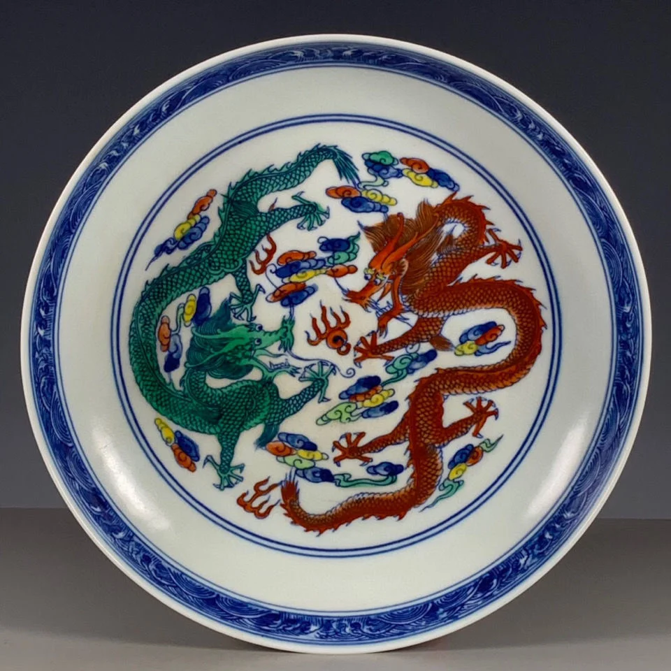 

Декоративная тарелка в китайском стиле с изображением синего и белого неглазурованного красного дракона, антикварная фарфоровая посуда