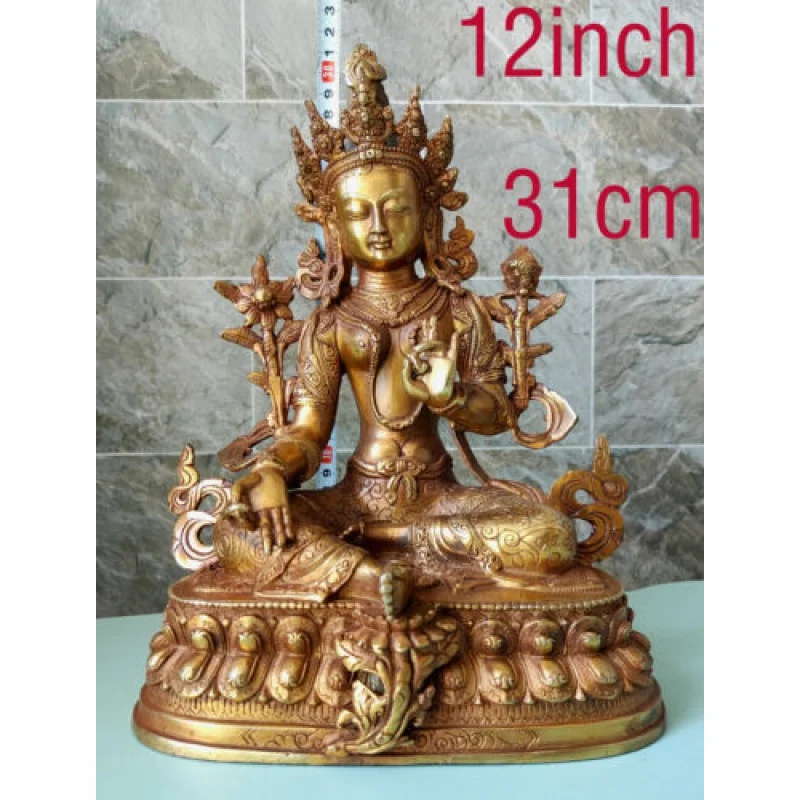 

12 Inch/31cm Green Tara Bronze Buddha Temple God Bodhisattva Sculpture Statue