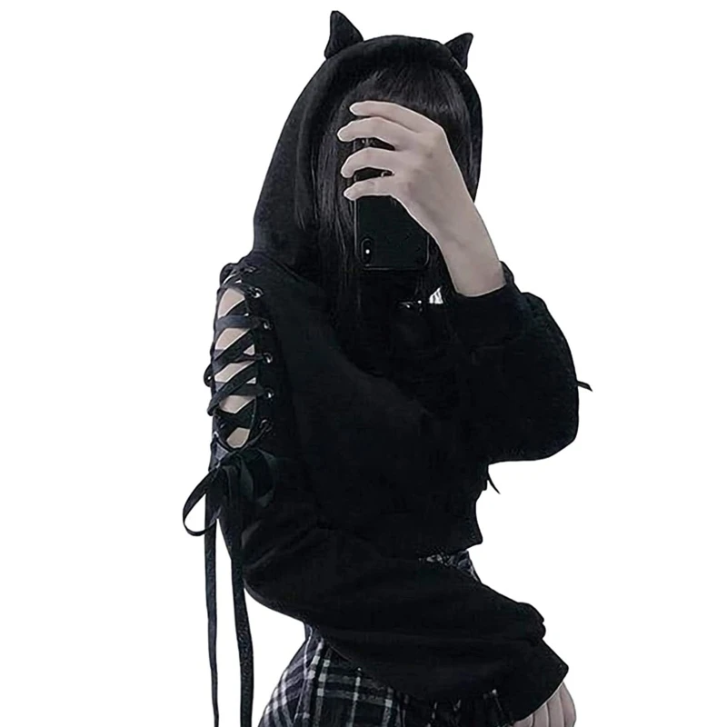 Womens Cute for CAT Ears Long Sleeve Hoodies Hollow Out Cold Shoulder Lace-Up Loose Crop Top Harajuku Graphic Sweatshirt