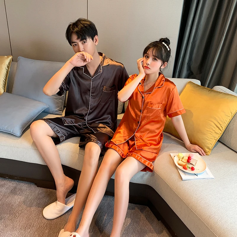 CAIYIER Summer Solid Color Silk Lover Nightwear Short Sleeve Casual Family Sleepwear Men & Women Couple Lounge Wear Pijama Set