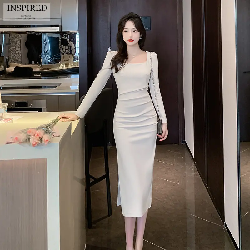 

Elegant Square Collar Commuter Dresses for Women 2022 New Slim Fashion Slit Hip Wrap Ladies Wedding Party Office Dress
