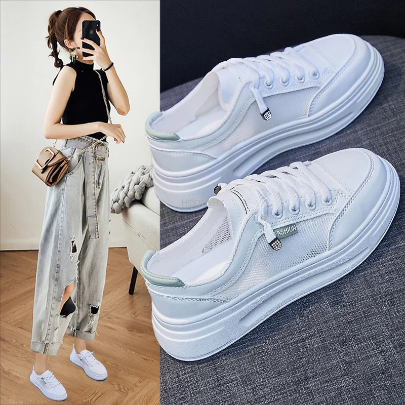 

Кроссовки женские сетчатые в Корейском стиле, маленькие белые, модная повседневная обувь на платформе для студентов, лето 2022