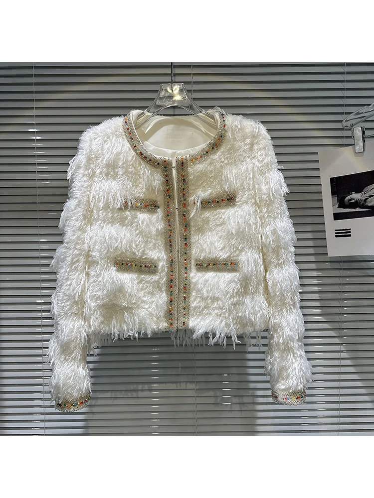 

Новинка 2023, модная дизайнерская куртка Хай-стрит, Женская разноцветная короткая плюшевая куртка с воротником со стразами
