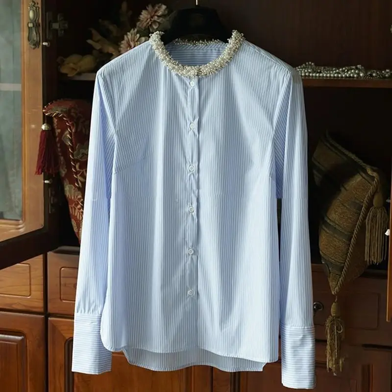 

Fashion Woman Blouse 2023 Neckline Pearl Rhinestones Decorated Vertical Blue and White Vertical Stripes Long Sleeve Shirt