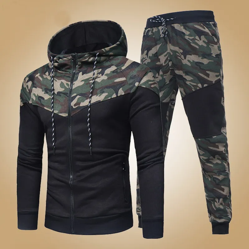 

Men Causal Camouflage Patchwork Sets Camo Zipper Jacket+Pants 2PC Tracksuit Sportwear Hoodies Sweatshirt Pant Suit Plus Size