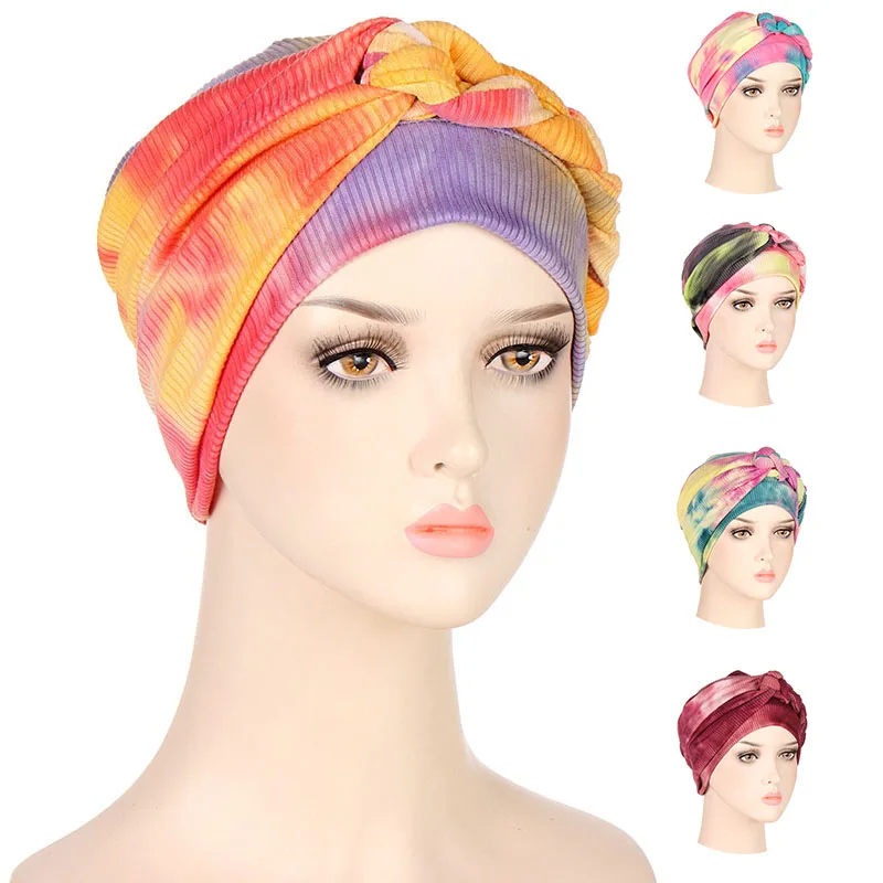 

Trendy Tie Dye Turbans For Women Side Braid Soft Hijab Hat Print Strips Muslim Headwear Beanie Women's Head Wraps Chemo Cap