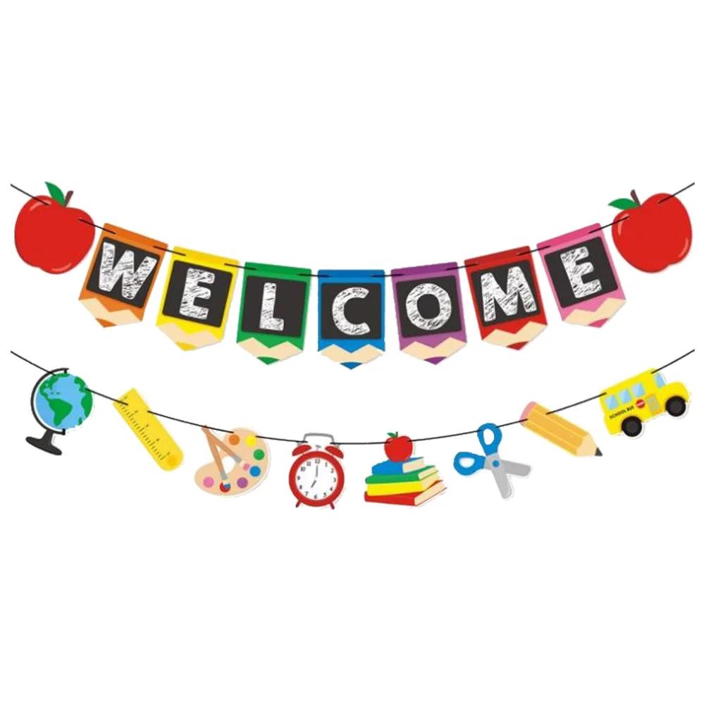

2 Pcs Back-to-School Season Hanging Flag Welcome Door Sign Letter Curtains Flags Paper Banner Party
