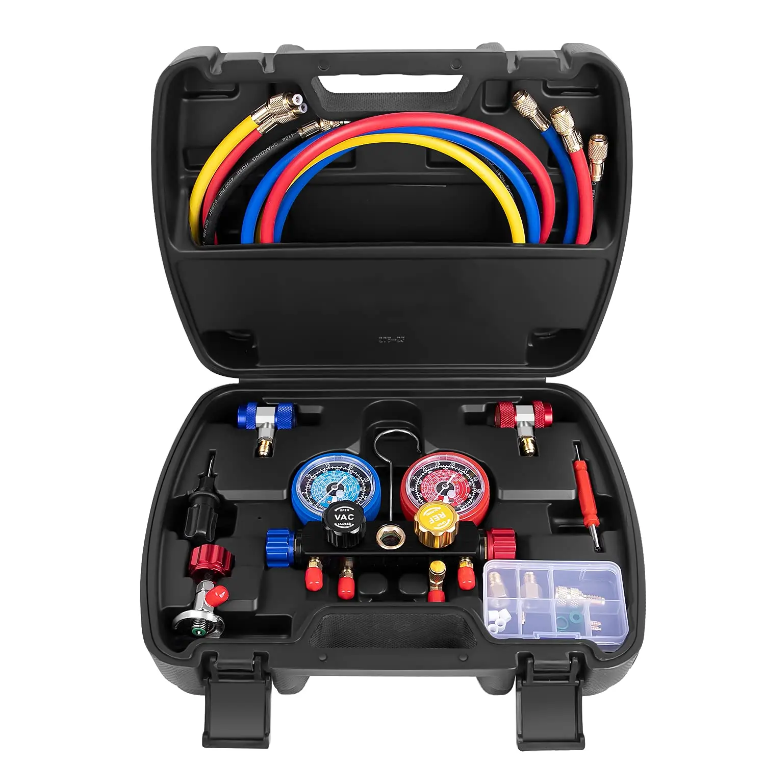 

Version 4 Way A/C Manifold Gauge Set Fits R134A R410A R404A R22 Refrigerants with 5FT Hose, 3 Tank Adapters, Adjustable Coupler