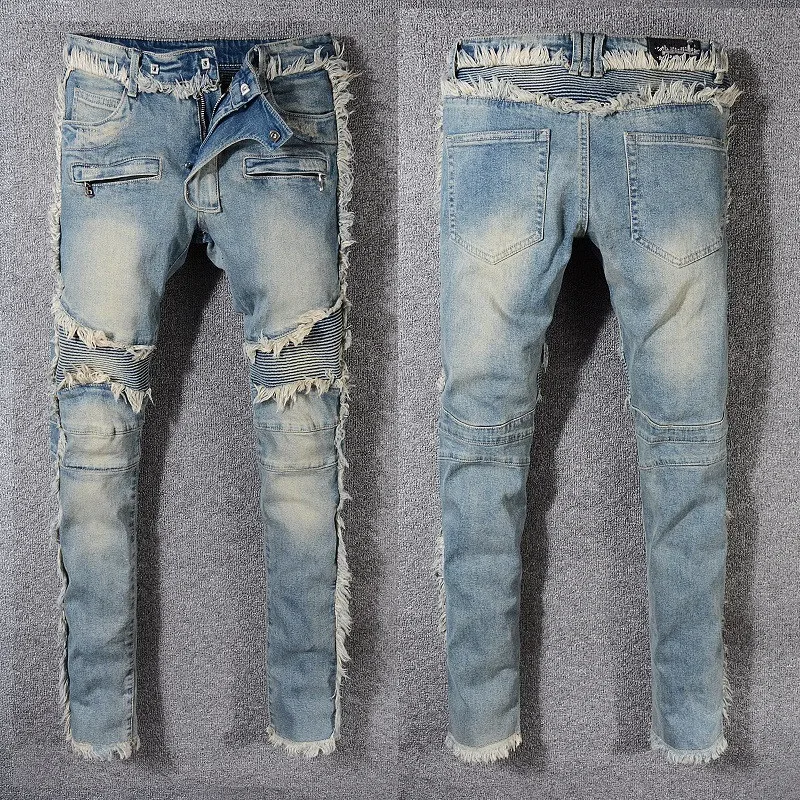 

European Mens Cool Rips Stretch Designer Jeans Distressed Ripped Biker Slim Fit Washed Motorcycle Denim Hip Hop Fashion Pants