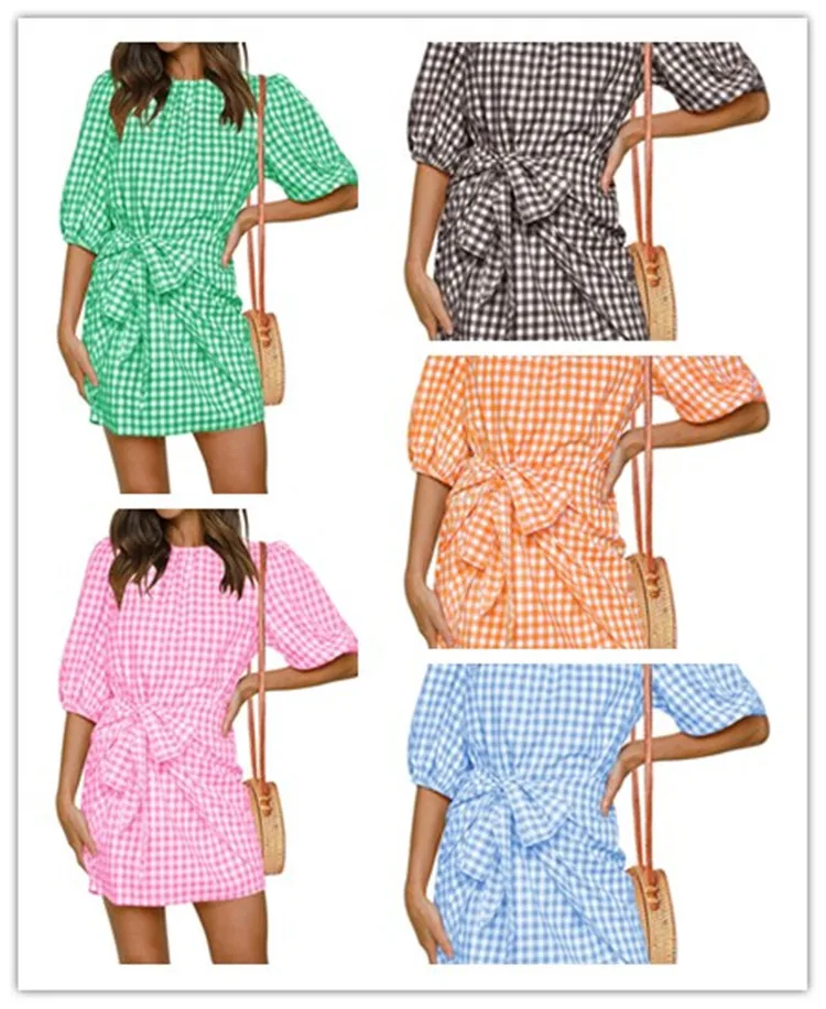 

Spring/Summer 2022 New European and American plaid waist and cuff dress