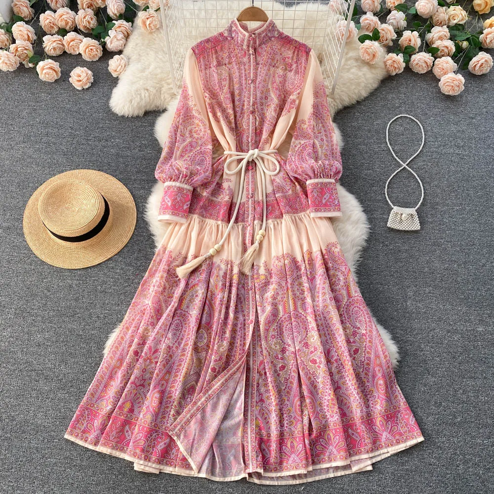 

New Design Sense Niche Stand-up Collar Lantern Sleeves Printed Loose Thin Flowy Dress