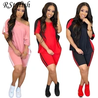 rstylish summer side striped tracksuit short sleeve t shirt biker shorts two piece sets womens outfits 2022 casual sportwear