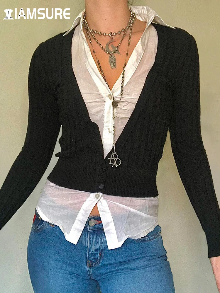 

IAMSURE Elegant Fashion Patchwork T Shirt Fake 2 Piece Casual Streetwear Cardigans Tees Women 2023 Spring Autumn Fashion Ladies