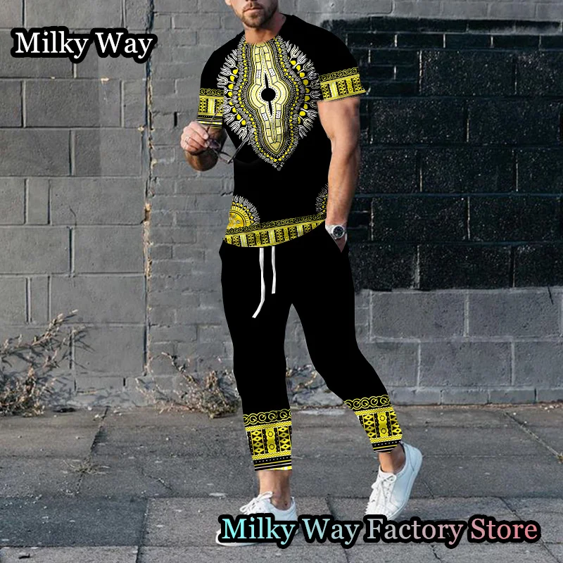 Men T-Shirt Trousers Set Summer Vintage Tracksuit Male Outfit 2 Pieces Casual Streetwear Suit African Totem Printing Clothing