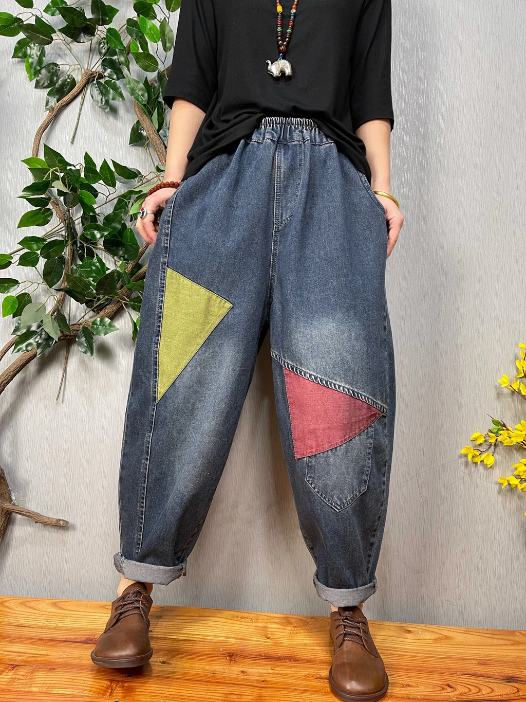 

Новые женские джинсовые брюки на весну, хлопковые модные повседневные свободные Универсальные женские брюки до щиколотки с заплатками и эластичным поясом