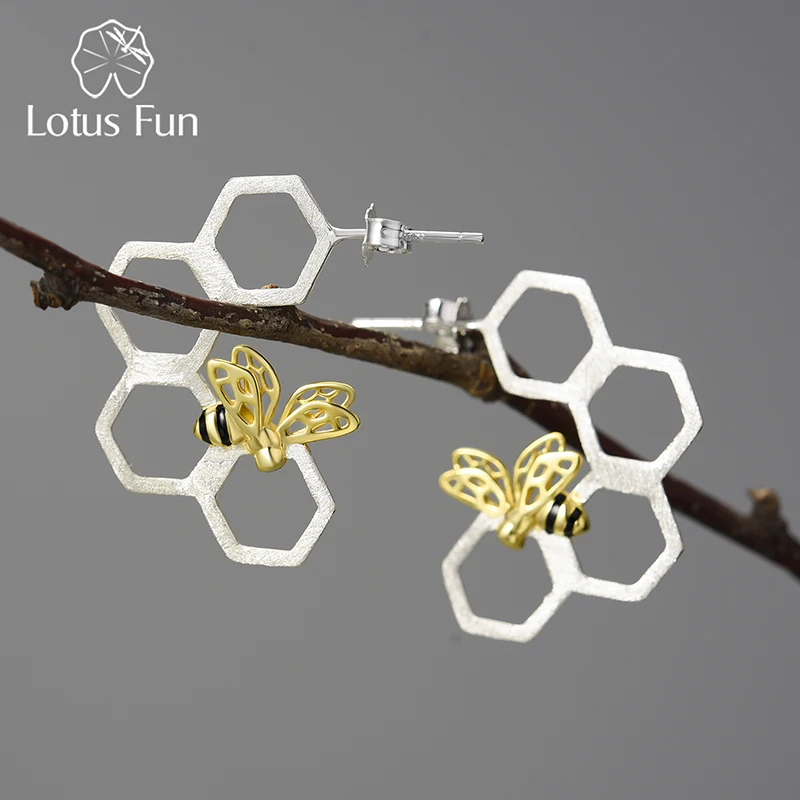 Lotus Fun New Honeycomb and Bee Hanging Hoop Earrings for Women Real 925 Sterling Silver Original Animal Modern Jewelry 2022