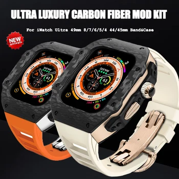 Ultra 49mm Carbon Fiber Mod Kit For Apple Watch 49 Case For iWatch 8 7 654 SE 45mm 44mm Luxury Fluororubber Silicone Band Strap