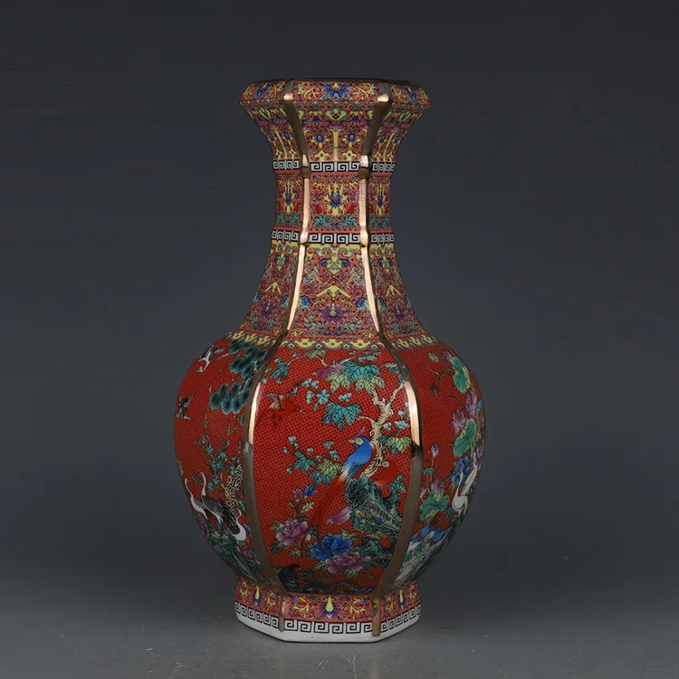 Qianlong Enamel Orange Flower And Bird Hexagonal Vase Antique Jingdezhen Porcelain Home Chinese Decoration