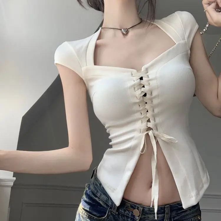 

Hsa 2023 женские летние сексуальные обтягивающие топы без рукавов из чистого хлопка на шнуровке, шикарные Y2K белые базовые летние топы с квадратным воротником