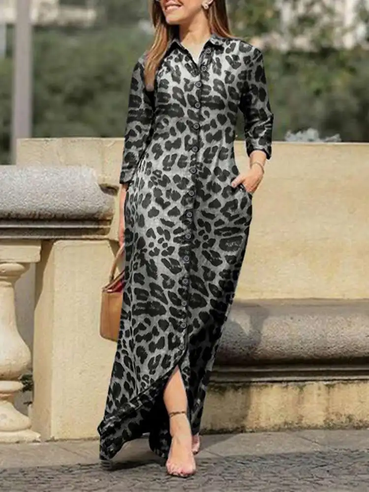

Женское богемное платье VONDA, винтажное длинное летнее платье с длинным рукавом, мешковатое платье с леопардовым принтом, сарафан на пуговиц...