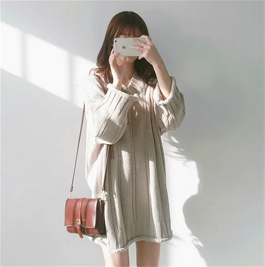 C&M Women Clothes 2020 Korean Style V-Neck Loose Solid Color Long Sleeve Mini Knitted Dress images - 6