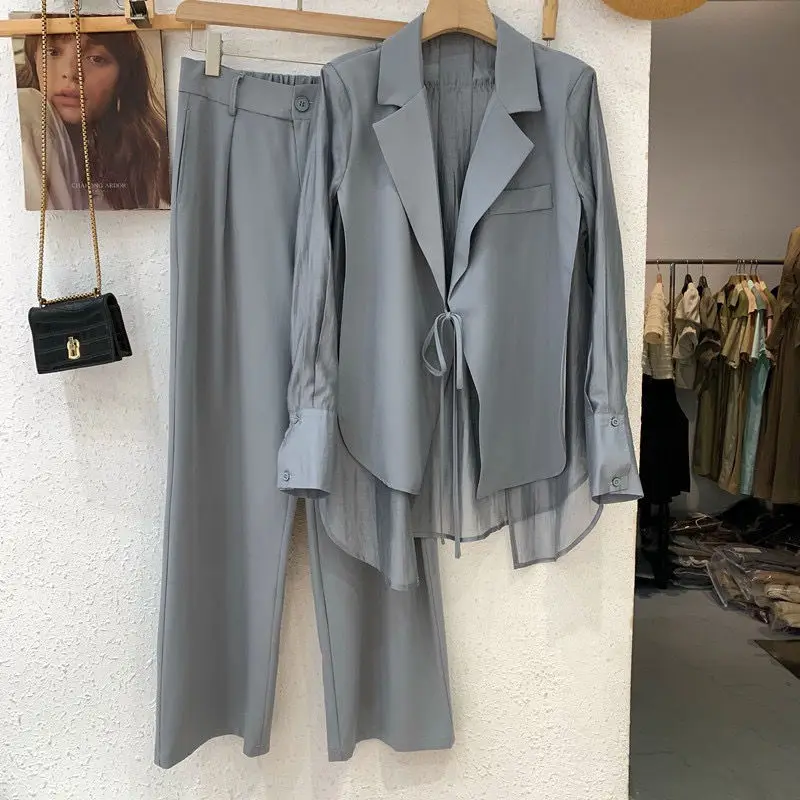 

Lace-up Shirt Top Straight Suit Wide Leg Pants Two-Piece Set Women's Long Sleeve 2023 Summer New Elegant Outfit