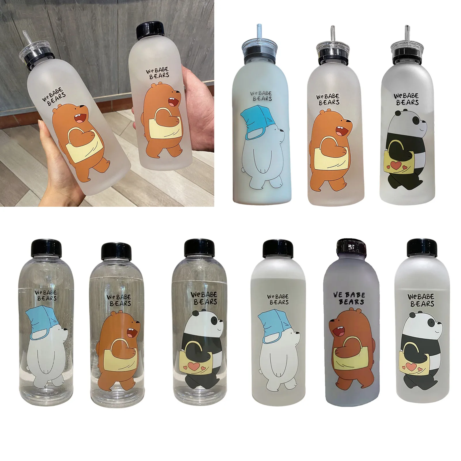 

1000ml Water Bottles Cute Panda Bear Cup With Straw Transparent Cartoon Water Bottle Drinkware Frosted Cup Leak-proof