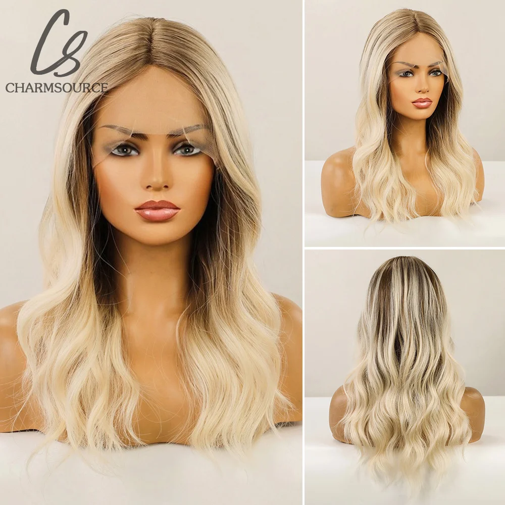 

CharmSource Brown Ombre Blonde Long Natural Wave Wigs Synthetic Lace Front Wig for Women Hair Party Daily High Quality
