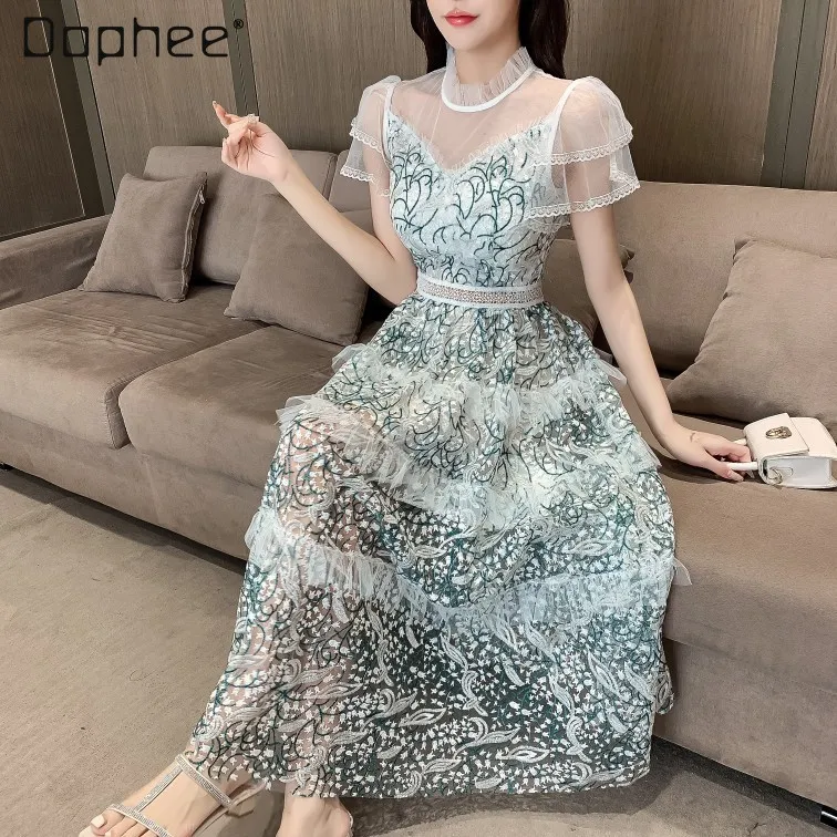 

2022 Summer New Socialite Short Sleeve Midi Dress with Green Embroidered Flowers Woman Temperament Light Green Mesh Long Dress