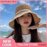 korea luxury pearl folding straw hat womens summer outing sun visor holiday cool hat seaside beach hat tide summer gorras