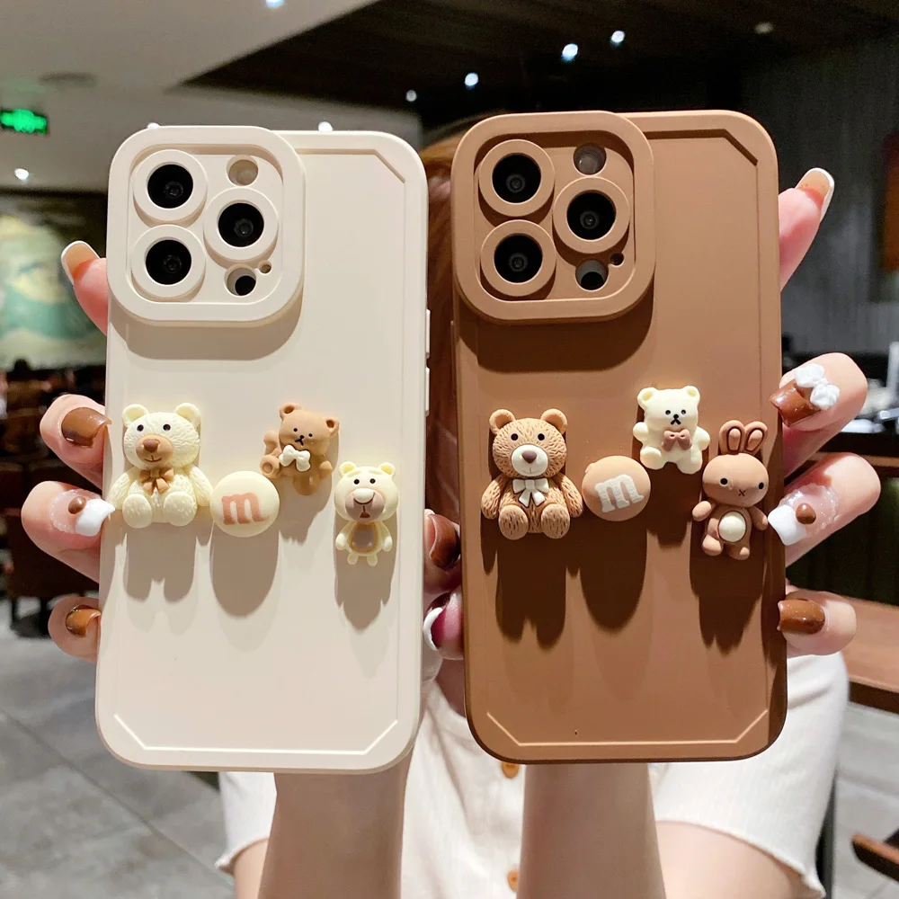 3d camera protectiom phone case for iphone 13 11 12 pro max x xr xs 7 8 plus 6 6s se 2 cute cartoon bear chocolate bunny cover free global shipping