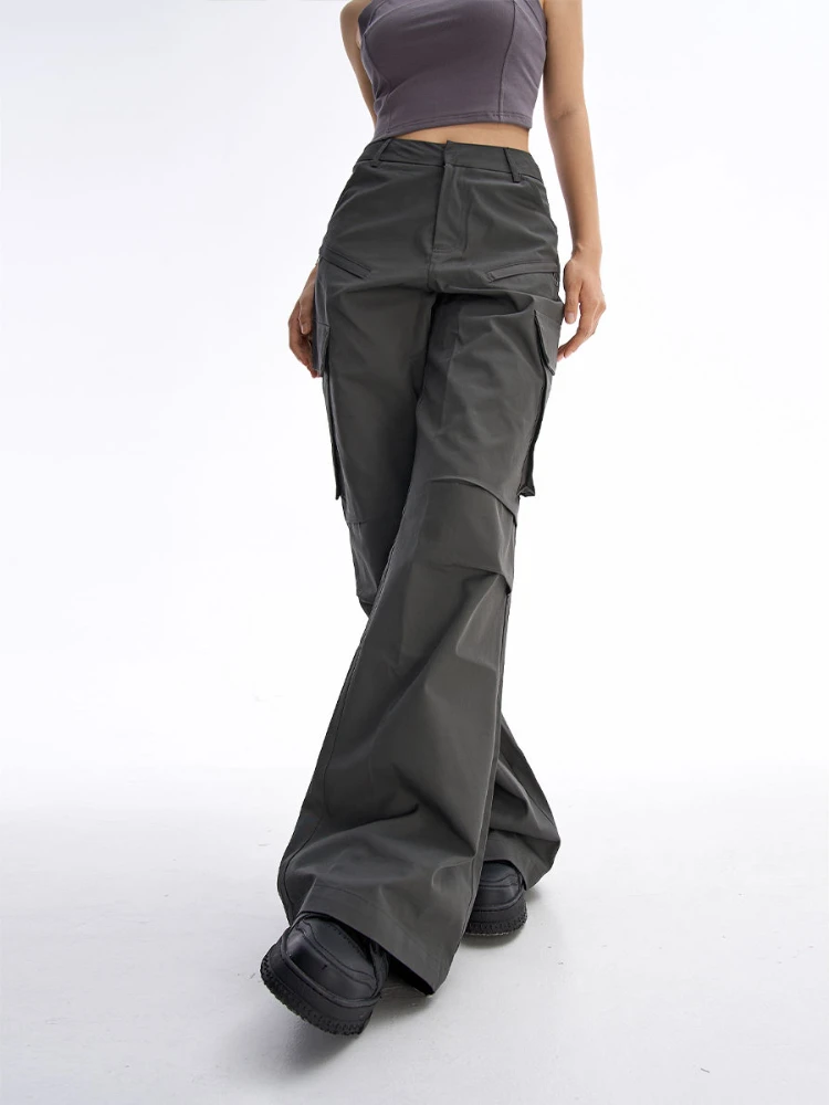HOUZHOU Gray Cargo Pants Women Vintage Chic Baggy High Street Aesthetic Y2k Streetwear Casual Straight Trousers Korean Techwear